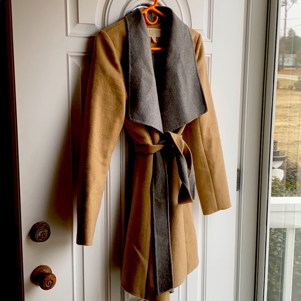 MICHAEL Michael Kors Two-Tone Camel and Gray Wool Wrap Coat
